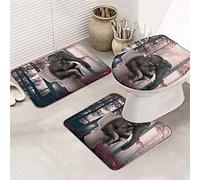 Alfombra De Baño 3 Piezas Funny Animal Elephant Sitting On Toilet,Fall Misty Foggy Maple Juego De 3 Alfombras Absorbente Alfombrilla Antideslizante Alfombra Ducha para Entrada Salón Dormitorio