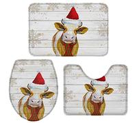 Alfombra De Baño 3 Piezas Funny Christmas Farm Cow with Hat, Farmhouse Wooden Grain Juego De 3 Alfombras Absorbente Alfombrilla Transpirable Alfombra Ducha para Cocina Dormitorio Entrada