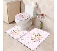 Alfombra De Baño 3 Piezas Happy Easter Rabbit and Flower Lily Water Flower Leaves On Pink Checker Alfombra Ducha Transpirable Alfombrilla Cómoda Juego De 3 Alfombras para Cocina Entrada