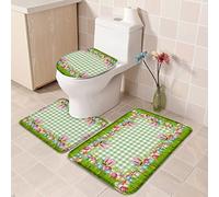 Alfombra De Baño 3 Piezas Happy Easter Rabbit Ears and Eggs Water Grass On Green Buffalo Plaid Juego De 3 Alfombras Cómoda Alfombrilla Transpirable Alfombra Ducha para Salón Entrada Cocina
