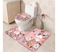 Alfombra De Baño 3 Piezas Happy Easter White Rabbit and Flower On Pink Juego De 3 Alfombras Absorbente Alfombrilla Transpirable Alfombra Ducha para Dormitorio Cocina Entrada