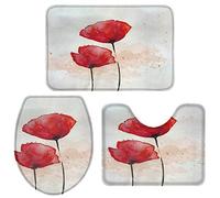 Alfombra De Baño 3 Piezas Red Poppy Flower Print Alfombrilla Cómoda Alfombra Ducha Lavable Juego de 3 alfombras para Entrada Dormitorio Cocina