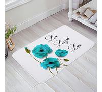 Alfombra De Baño 40X60Cm, Amapolas Verde Azulado Y Palabras De Energía Positiva Vive Feliz Ríe Alfombra Exterior Suave Absorbente Acolchado para Decorativa Baño Puerta