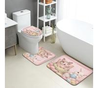 Alfombra De Baño De 3 Piezas Gatitos Bonitos Color Melocotón Pastel Forma De U para Baño Cómoda Antideslizantes Tapa De Inodoro, para Bathroom, Cocina, Dormitorio