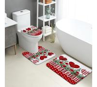 Alfombra De Baño De 3 Piezas Patrón De Corazones Flower Roja De Cuadros Vichy 3 Alfombrillas De Baño Decorar Imprimir Tapa De Inodoro, para Bathroom, Cocina, Dormitorio