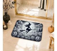 Alfombra de baño de bruja, espeluznante escoba Jack-o'-Lantern, Halloween, color negro, de secado rápido, absorbente, pelo bajo, para baño, decoración de suelo, 16 x 24 pulgadas