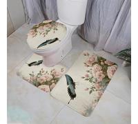 Alfombra de Baño Flor Azul Mariposa Alfombra Baño Secado Rapido Antideslizante Set 3 Piezas Contorno en Forma de U y Tapa para Tapa Inodoro Bath Mat Decoración del Hogar 50x80 cm