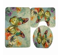 Alfombra de Baño Flor Verde Mariposa Alfombra Baño Secado Rapido Antideslizante Set 3 Piezas Contorno en Forma de U y Tapa para Tapa Inodoro Bath Mat Decoración del Hogar 50x80 cm