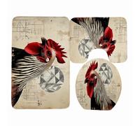 Alfombra de Baño Gallo Rojo Retro Alfombra Baño Secado Rapido Antideslizante Set 3 Piezas Contorno en Forma de U y Tapa para Tapa Inodoro Bath Mat Decoración del Hogar 50x80 cm