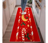 Alfombra de camino de bastón de caramelo, Navidad, festiva, luna, acebo, Navidad, rojo, antideslizante, para interiores, no se desprende, para cocina, mesita de noche, entrada, pasillo, decoración de