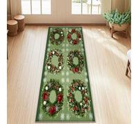 Alfombra de camino de corona, flores rojas, hojas verdes, Navidad, verde, pelo bajo, suave, rectangular, resistente a las manchas, para cocina, entrada, mesita de noche, lavandería, decoración de 2 x