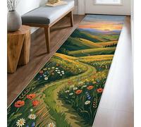 Alfombra de camino de la naturaleza, con flores escénicas, colinas, primavera, color verde, pelo bajo, alfombra rectangular con impresión para cocina, puerta, entrada, mesita de noche, decoración de 2