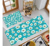 Alfombra De Cocina Antideslizante Lavable Alfombra De Cocina Margaritas De Granja Plantas De Pintura Al Óleo Absorbentes Fácil De Limpiar Para Pasillo Comedor Lavadero, Turquesa, 50X80+50X150Cm
