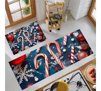 Alfombra de Cocina Bastón Caramelo Copo Nieve Antideslizante Lavable, Set de 2 Juego de Alfombras Decoraciones Navideñas Tapete Antifatiga para Suelo de Cocina, Lavabo 43x75cm+43x150cm Azul Marino