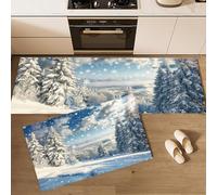 Alfombra de Cocina Bosque De Copos De Nieve Lavable Antideslizante, Alfombra Pasillo Larga País De Las Maravillas Invernal, Alfombra para Cocina, Entrada, Entrada, 40x60cm+40x120cm, Azul Oscuro