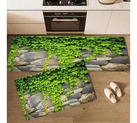 Alfombra de Cocina Campo Plantas en 2 Piezas, Alfombrillas con Vides Viejo Muro Piedra Lavables para Suelo, 43×75cm+43×120cm Tapetes Antideslizantes y Suaves para Lavadero, Verde