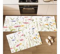 Alfombra de Cocina Campo Plantas Insectos en 2 Piezas, Alfombrillas con Flores Silvestres Libélula Lavables para Suelo, 40×60cm+40×120cm Tapetes Antideslizantes y Suaves para Lavadero, Blanco