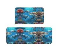 Alfombra de cocina con diseño de delfines, tortuga marina, tiburón, pulpo, arrecife de coral, antideslizante, juego de 2 unidades, antifatiga, alfombrilla de pie para bar, oficina, escritorio