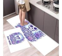 Alfombra de Cocina Cuentos De Hadas Oscuros 2 Piezas, Alfombrillas de Lavables para Suelo, Suaves Alfombrillas de Cocina Antideslizantes para Lavadero Pasillo,50x80cm+50x150cm Calaveras Flores Tazas