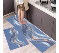 Alfombra De Cocina De 2 Piezas Antideslizante Lavable,Líneas Abstractas Alfombra De Cocina,Cuentas Doradas Ondas Metálicas Plateadas Juegos De Tapetes Cocinas Para Pasillo, 44×70Cm+44×120Cm,Azul Claro