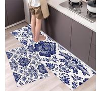 Alfombra De Cocina De 2 Piezas Antideslizante Lavable,Patrones Clásicos Alfombra De Cocina,Flores Patrones De Pergamino Juegos De Tapetes De Cocinas Para Pasillo, Comedor, 44×70Cm+44×120Cm,Azul Marino