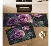 Alfombra De Cocina De 2 Piezas Antideslizante Lavable,Pintura Al Óleo Realista Alfombra De Cocina,Patrón Hojas Verdes Y Rosas Moradas Juegos De Tapetes De Cocinas , 45×75Cm+45×150Cm,Púrpura Claro