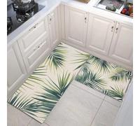 Alfombra De Cocina De 2 Piezas Antideslizante Lavable,Plantas De La Selva Tropical Alfombra De Cocina,Patrón Hoja Palma Juegos De Tapetes De Cocinas Para Pasillo, Comedor, 44×70Cm+44×120Cm,Verde Claro