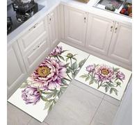Alfombra de Cocina de 2 Piezas Antideslizante Lavable, Tapetes de Cocina Peonía Alfombras de Corredor Acuarelas De Plantas Y Flores Resistente para Pasillo, Lavandería y Entrada, 43x75cm+43x120cm