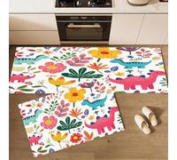 Alfombra de Cocina Dibujos Animados Plantas en 2 Piezas, Alfombrillas con Hojas Dinosaurios Lavables para Suelo, 45×75cm+45×150cm Tapetes Antideslizantes y Suaves para Lavadero, Blanco