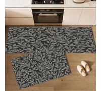 Alfombra de Cocina Elegante Planta en 2 Piezas, Alfombrillas con Hojas Sauce Plateado Lavables para Suelo, 50×80cm+50×160cm Tapetes Antideslizantes y Suaves para Lavadero, Gris Oscuro