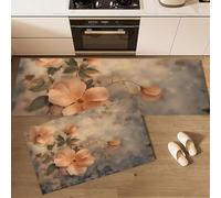 Alfombra de Cocina Estampado floral retro Flores de naranjo 2 Piezas, Alfombrillas de Cocina Lavables para Suelo, Suaves Alfombrillas de Cocinas Antideslizantes para Lavadero y Pasillo,Naranja claro