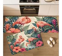 Alfombra de Cocina Estilo tropical Hojas de Monstera Flamingo 2 Piezas, Alfombrillas de Cocina Lavables para Suelo, Suaves Alfombrillas de Cocinas Antideslizantes para Lavadero y Pasillo Azul pálido