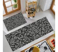 Alfombra de Cocina Hojas De Sauce Plateado Antideslizante Lavable, Set de 2 Juego de Alfombras Estilo Retro Campestre Tapete Antifatiga para Suelo de Cocina, Lavabo 40x60cm+40x120cm Gris Oscuro