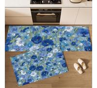Alfombra De Cocina Jardín Abstracto Amapolas 2 Piezas, Pintura Botánica Al Óleo Alfombrillas De Cocina Lavables Para Suelo, Azul Índigo Suaves Alfombrillas Antideslizantes Para Lavadero Pasillo