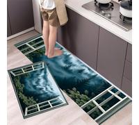 Alfombra de Cocina Paisaje natural Vista desde la ventana de un bosque brumoso 2 Piezas, Alfombrillas de Cocinas Lavables para Suelo, Suaves Alfombrillas de Cocina Antideslizantes 50x80+50x150cm