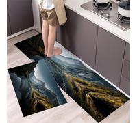 Alfombra de Cocina Pinturas Nórdicas Montañas Lagos 2 Piezas,Juego de Alfombrillas Paisaje Natural Antideslizantes Lavables, Alfombrilla Resistente al Agua para Pasillo, Comedor 43x75cm+43x120cm Negro