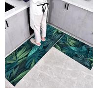 Alfombra de Cocina Plantas Tropicales en 2 Piezas, Alfombrillas con Acuarela Hojas Monstera Lavables para Suelo, 45×75cm+45×150cm Tapetes Antideslizantes y Suaves para Lavadero, Verde Azulado