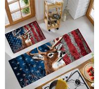 Alfombra de Cocina Venado Cola Blanca Americano Antideslizante Lavable, Set de 2 Juego de Alfombras Bandera Estadounidense Tapete Antifatiga para Suelo de Cocina, Lavabo 43x75cm+43x150cm Marrón