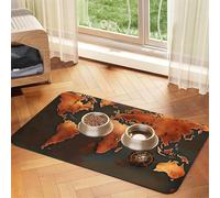 Alfombra de comida para mascotas impresa mapa del mundo oxidada alfombra absorbente antideslizante de cuero PU para perro gato fondo de goma