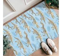 Alfombra de corredor de dinosaurio, diseño de esqueleto juguetón con hoja de palma, color azul, de pelo bajo, alfombra rectangular con detalles de impresión para cocina, entrada, mesita de noche