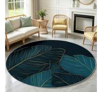 Alfombra de dormitorio infantil redonda redonda de 120 cm de diámetro moderno alfombra de suelo antideslizante - suave rastreo para sala de estar, cocina, mesa baja, hojas de banano líneas doradas