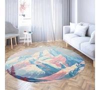 Alfombra de dormitorio redonda con patrón de paisaje de montaña nevada Alfombras lavables de pelo bajo Tapete vintage para sala estar Habitación Comedor Azul cielo Turquesa Rubor rosa crema 100cm