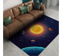 Alfombra de Espacio de fantasía Estilo Ciencia ficción Espacio Sol Planetas Lunas Alfombras Lavables Azul Profundo Antideslizante Alfombra de Pelo bajo para habitación de bebé Dormitorio 180x230cm