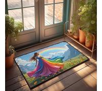 Alfombra de exterior para puerta de entrada Rainbow Dreams: una mujer en un vestido colorido caminando a través de un felpudo Fie para jugadores, accesorios pequeños para exteriores (50 x 80 cm)