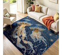 Alfombra de fantasía de animales marinos, 120 x 180 cm, pelo corto, lavable, antideslizante, moderno y luminoso patrón de medusas, suave alfombra de pelo plano para dormitorio, azul y dorado