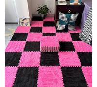 Alfombra de Felpa para Gatear, 10 Piezas de Almohadillas de Alfombra de Suelo de Rompecabezas cuadradas entrelazadas de Espuma de Felpa Multicolor(Rose Red+Black)