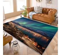 Alfombra de Franela Respaldo TPR Antideslizante Auroras Boreales En Un Pueblo Noruego Lavable a Máquina, Alfombra de Pelo Corto Paisajes Mondialeles moqueta para Sala de Estar, Dormitorio 60x90 cm