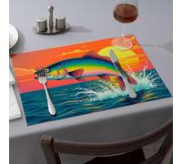 Alfombra de fresa, un pez colorido que salta fuera del agua al atardecer, mantel individual para comedor, decoración moderna de granja (1 unidad)