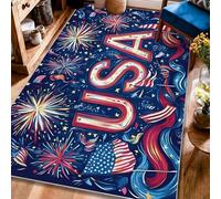 Alfombra de fuegos artificiales, diseño patriótico de estrellas festivas, banderas del Día de la Independencia, color rojo, de pelo bajo, alfombras con patrón de interiores que no se desprenden, para