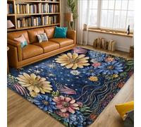 Alfombra de girasol, diseño de estrellas, flores, color azul, antideslizante, estética, rectangular, para el hogar, sala de estar, dormitorio, comedor, escritorio, oficina, decoración de 5 x 7 pies